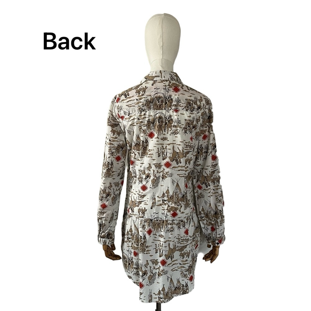 Tasha Polizzi Western Print Rolled Sleeve Tunic With Pockets White Brown Size M - Picture 3 of 16